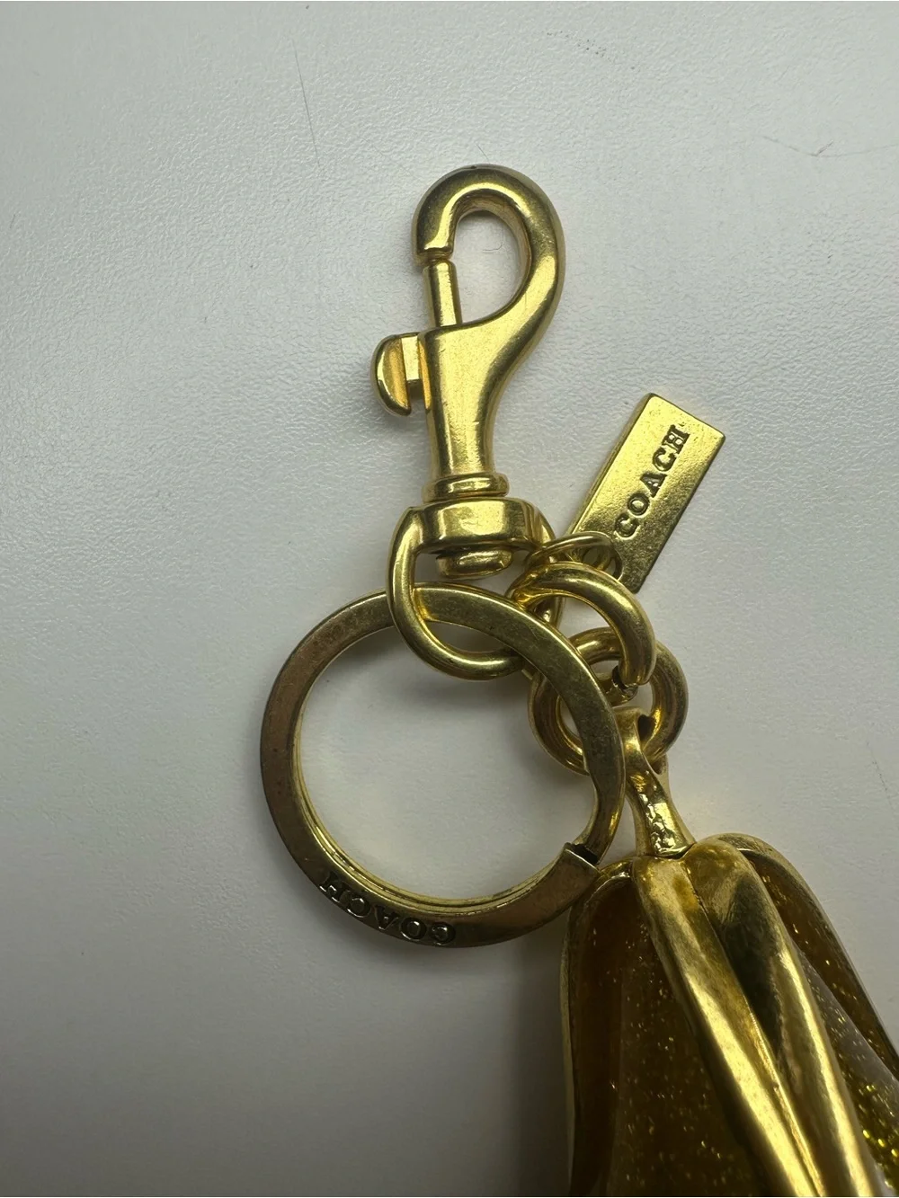 Coach Pear Bag Charm Gold Glitter Resin Brass Keychain Key Ring